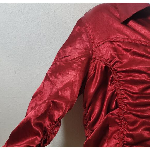 Overdrive Red Satin Ruched Gathered Full Zip Collard Jacket Large Lightweight - Picture 6 of 7